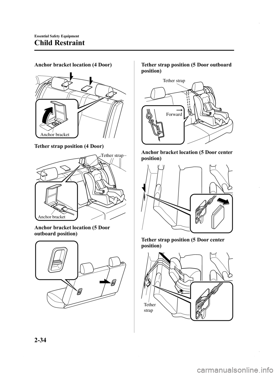 MAZDA MODEL 3 5-DOOR 2013 Service Manual Black plate (48,1)
Anchor bracket location (4 Door)
Anchor bracket
Tether strap position (4 Door)
Anchor bracket
Tether strap
Anchor bracket location (5 Door
outboard position)
Tether strap position ( MAZDA MODEL 3 5-DOOR 2013 Service Manual Black plate (48,1)
Anchor bracket location (4 Door)
Anchor bracket
Tether strap position (4 Door)
Anchor bracket
Tether strap
Anchor bracket location (5 Door
outboard position)
Tether strap position (