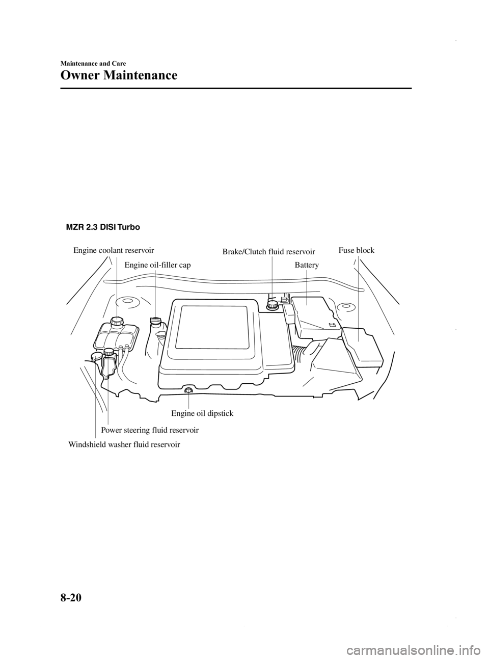 MAZDA MODEL 3 4-DOOR 2013 Owners Manual Black plate (484,1)
Power steering fluid reservoir
Windshield washer fluid reservoir
Engine coolant reservoir
Engine oil-filler capBrake/Clutch fluid reservoirBattery
Fuse block
MZR 2.3 DISI Turbo
Eng MAZDA MODEL 3 4-DOOR 2013 Owners Manual Black plate (484,1)
Power steering fluid reservoir
Windshield washer fluid reservoir
Engine coolant reservoir
Engine oil-filler capBrake/Clutch fluid reservoirBattery
Fuse block
MZR 2.3 DISI Turbo
Eng