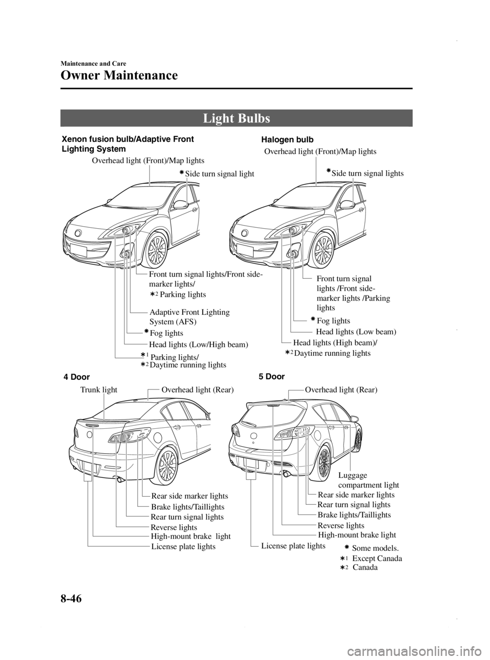 MAZDA MODEL 3 5-DOOR 2013 User Guide Black plate (510,1)
Light Bulbs
Overhead light (Front)/Map lightsOverhead light (Rear) Overhead light (Rear)
Front turn signal lights/Front side-
marker lights/
Xenon fusion bulb/Adaptive Front
Light MAZDA MODEL 3 5-DOOR 2013 User Guide Black plate (510,1)
Light Bulbs
Overhead light (Front)/Map lightsOverhead light (Rear) Overhead light (Rear)
Front turn signal lights/Front side-
marker lights/
Xenon fusion bulb/Adaptive Front
Light