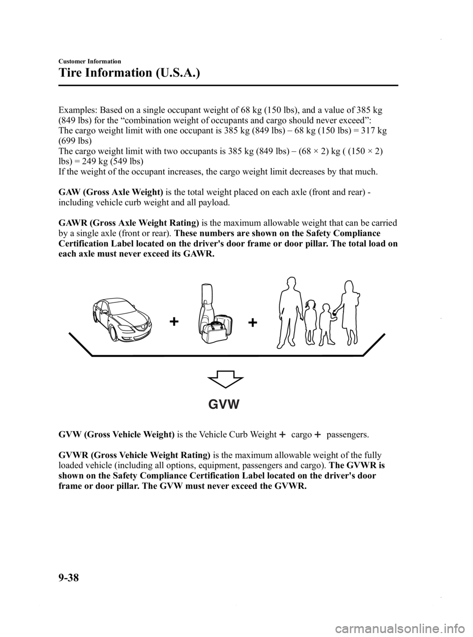 MAZDA MODEL 3 4-DOOR 2013 Owners Manual Black plate (576,1)
Examples: Based on a single occupant weight of 68 kg (150 lbs), and a value of 385 kg
(849 lbs) for the“combination weight of occupants and cargo should never exceed ”:
The car MAZDA MODEL 3 4-DOOR 2013 Owners Manual Black plate (576,1)
Examples: Based on a single occupant weight of 68 kg (150 lbs), and a value of 385 kg
(849 lbs) for the“combination weight of occupants and cargo should never exceed ”:
The car