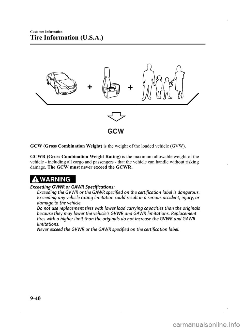 MAZDA MODEL 3 4-DOOR 2013 Owners Manual Black plate (578,1)
GCW
GCW (Gross Combination Weight)is the weight of the loaded vehicle (GVW).
GCWR (Gross Combination Weight Rating) is the maximum allowable weight of the
vehicle - including all c MAZDA MODEL 3 4-DOOR 2013 Owners Manual Black plate (578,1)
GCW
GCW (Gross Combination Weight)is the weight of the loaded vehicle (GVW).
GCWR (Gross Combination Weight Rating) is the maximum allowable weight of the
vehicle - including all c