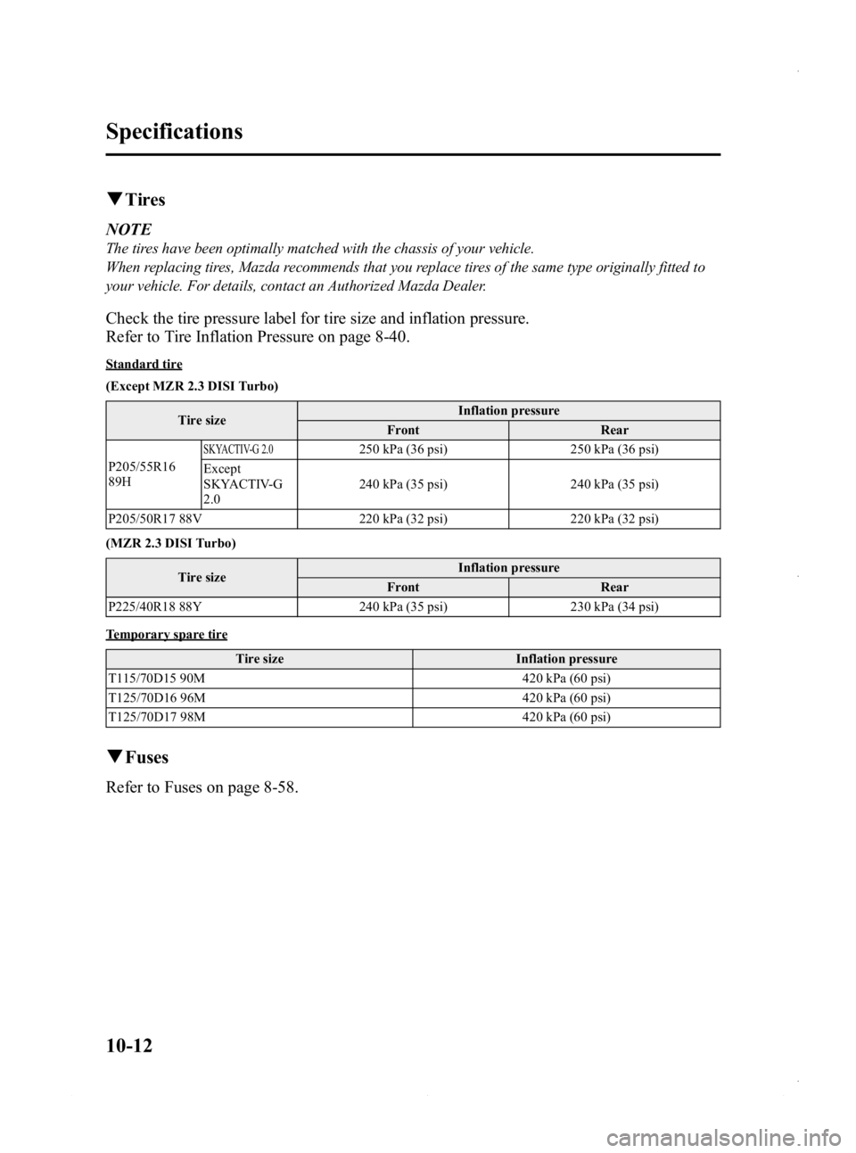 MAZDA MODEL 3 4-DOOR 2013 Owners Manual Black plate (596,1)
qTires
NOTE
The tires have been optimally matched with the chassis of your vehicle.
When replacing tires, Mazda recommends that you replace tires of the same type originally fitted MAZDA MODEL 3 4-DOOR 2013 Owners Manual Black plate (596,1)
qTires
NOTE
The tires have been optimally matched with the chassis of your vehicle.
When replacing tires, Mazda recommends that you replace tires of the same type originally fitted