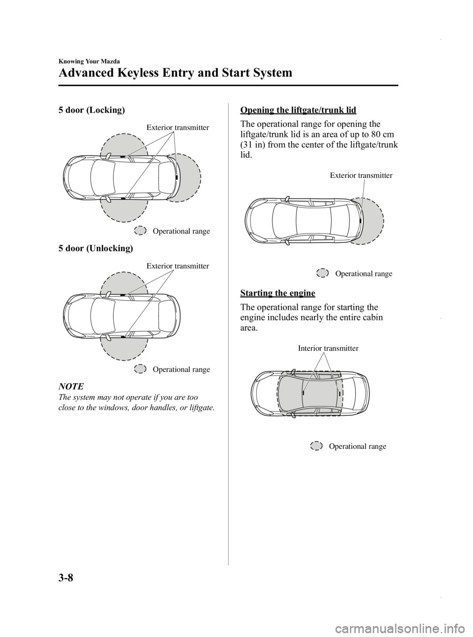 MAZDA MODEL 3 5-DOOR 2013  Owners Manual Black plate (86,1)
5 door (Locking)
Operational range
Exterior transmitter
5 door (Unlocking)
Operational range
Exterior transmitter
NOTE
The system may not operate if you are too
close to the windows