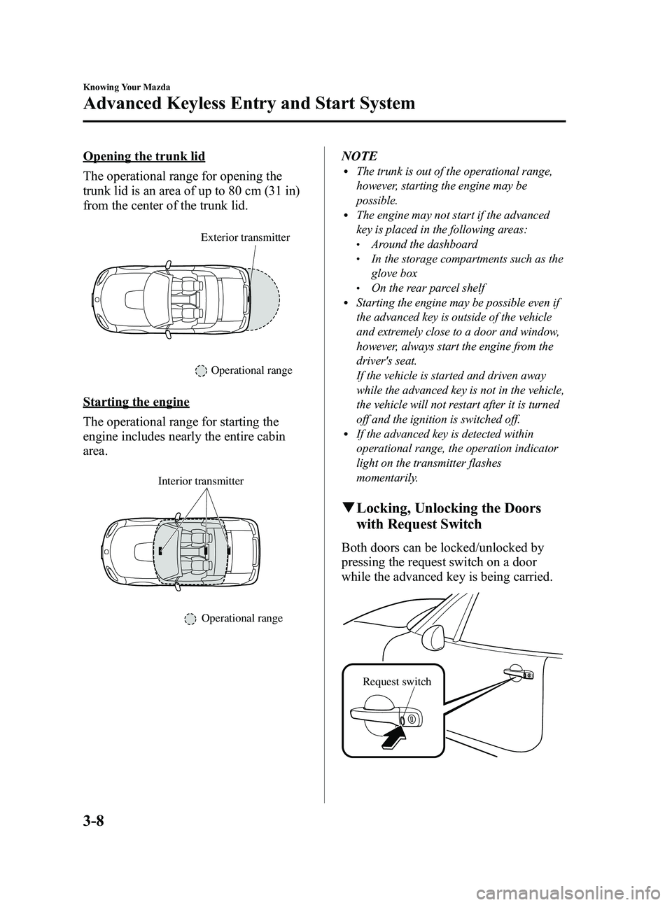 MAZDA MODEL MX-5 MIATA PRHT 2013  Owners Manual Black plate (62,1)
Opening the trunk lid
The operational range for opening the
trunk lid is an area of up to 80 cm (31 in)
from the center of the trunk lid.
Exterior transmitter
Operational range
Star