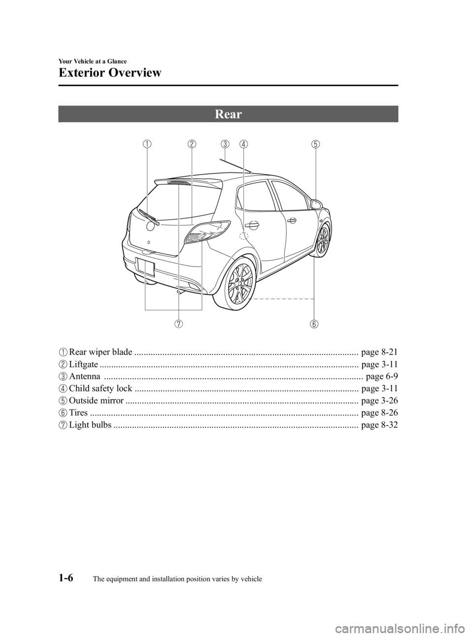 MAZDA MODEL 2 2012  Owners Manual Black plate (12,1)
Rear
Rear wiper blade ................................................................................................ page 8-21
Liftgate ...........................................