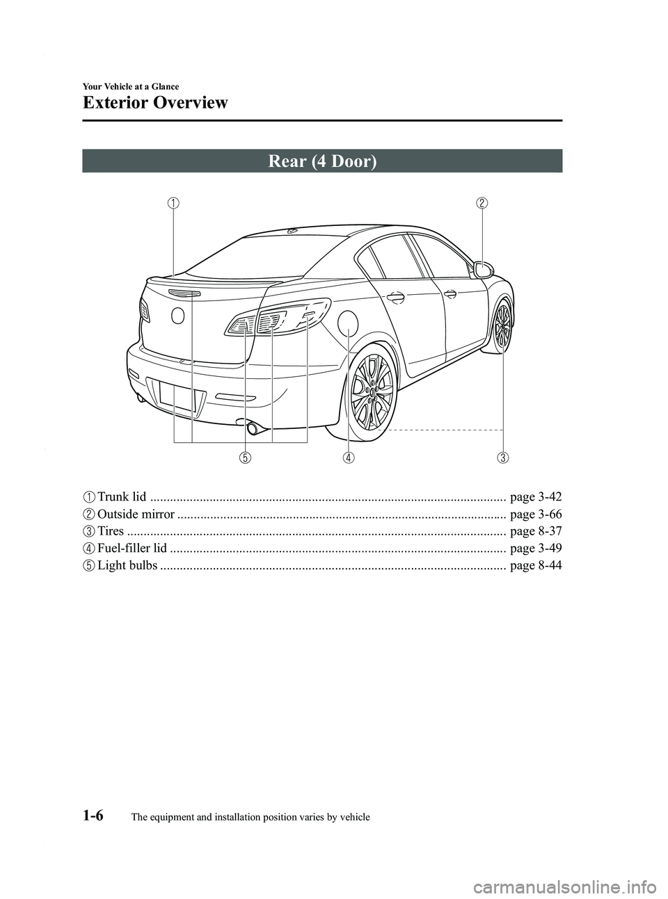MAZDA MODEL 3 5-DOOR 2012 User Guide Black plate (12,1)
Rear (4 Door)
Trunk lid ............................................................................................................ page 3-42
Outside mirror ....................... MAZDA MODEL 3 5-DOOR 2012 User Guide Black plate (12,1)
Rear (4 Door)
Trunk lid ............................................................................................................ page 3-42
Outside mirror .......................