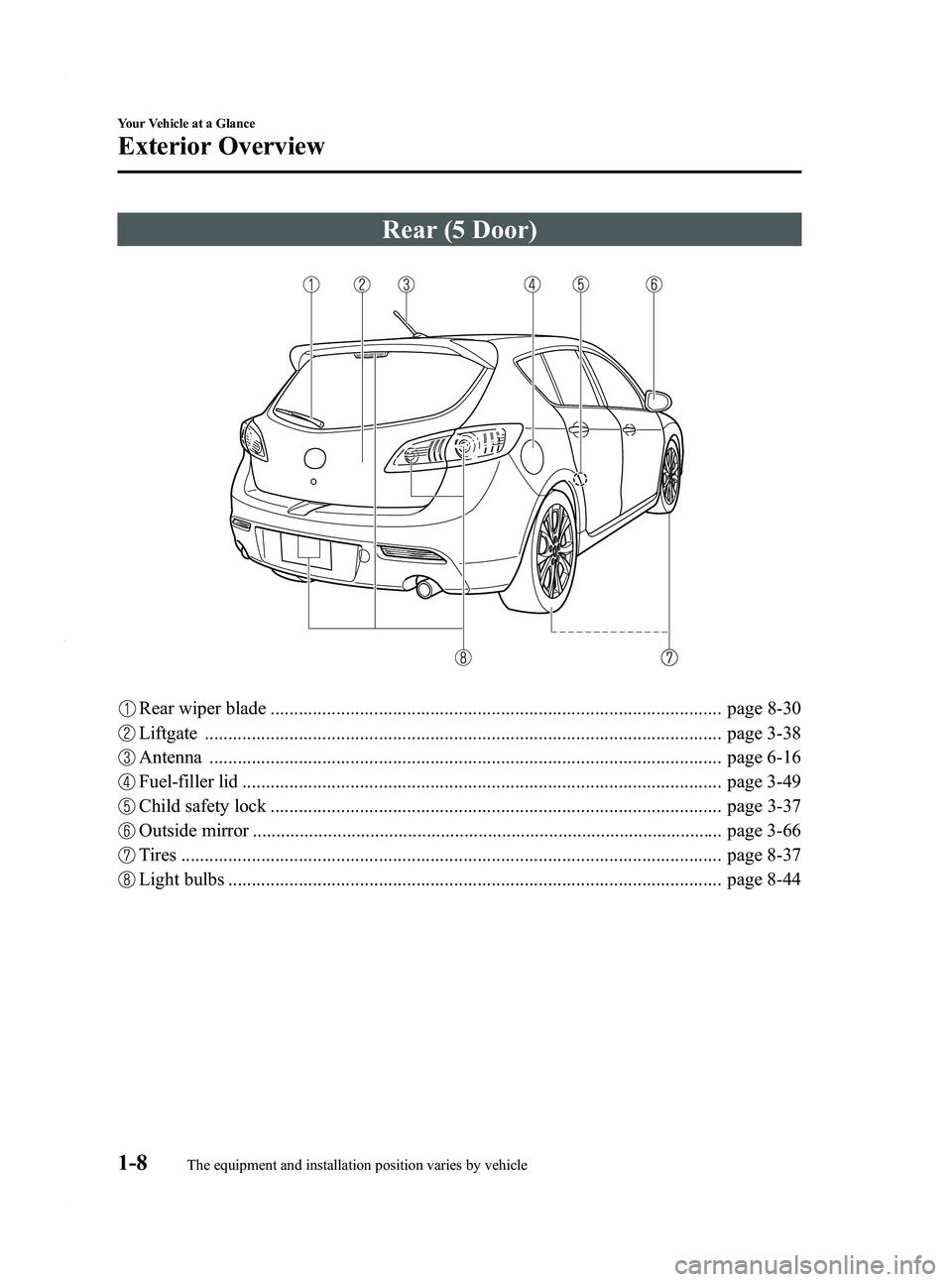 MAZDA MODEL 3 4-DOOR 2012 Owners Manual Black plate (14,1)
Rear (5 Door)
Rear wiper blade ................................................................................................ page 8-30
Liftgate .................................. MAZDA MODEL 3 4-DOOR 2012 Owners Manual Black plate (14,1)
Rear (5 Door)
Rear wiper blade ................................................................................................ page 8-30
Liftgate ..................................
