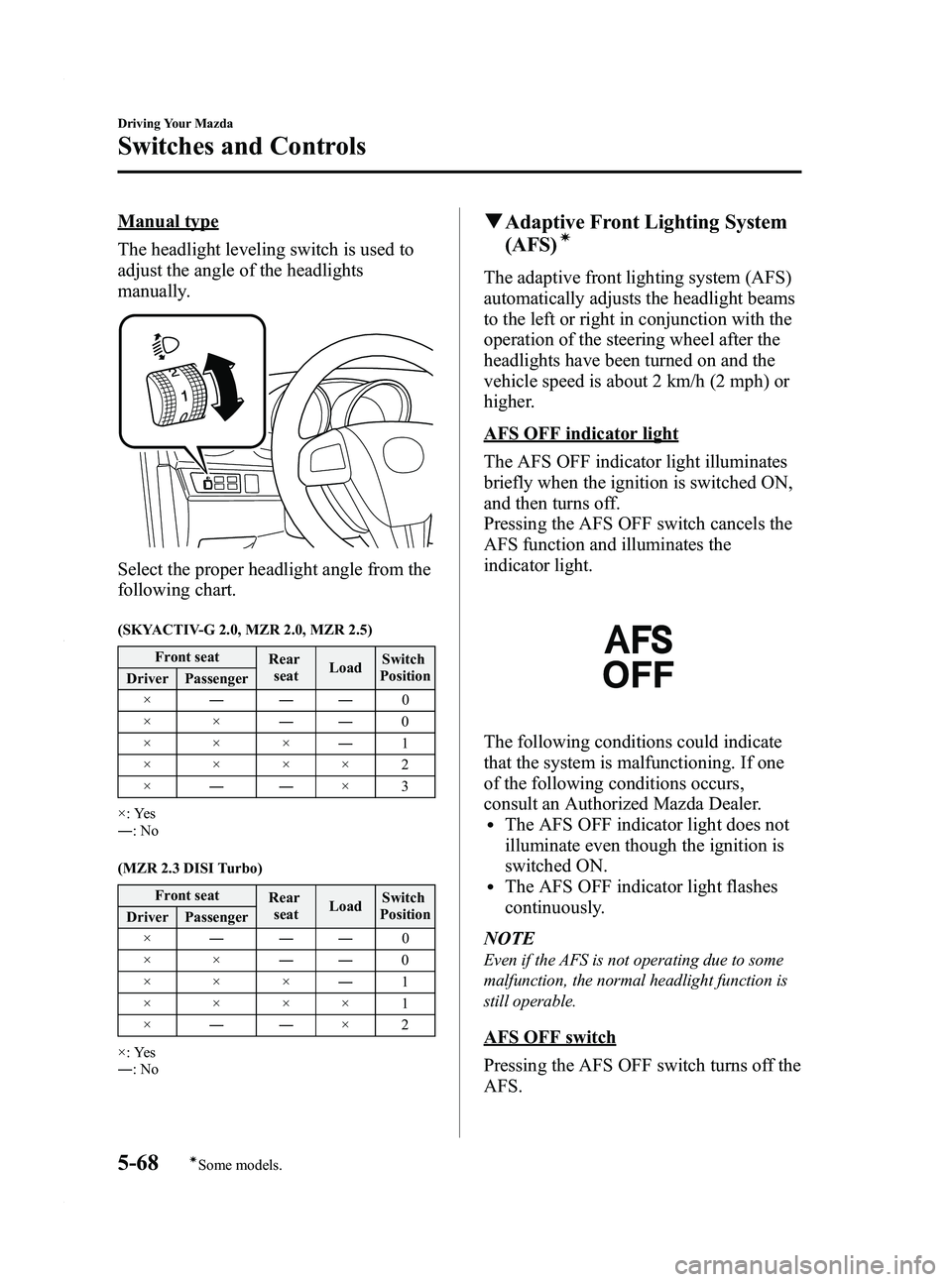 MAZDA MODEL 3 5-DOOR 2012  Owners Manual Black plate (232,1)
Manual type
The headlight leveling switch is used to
adjust the angle of the headlights
manually.
Select the proper headlight angle from the
following chart.
(SKYACTIV-G 2.0, MZR 2