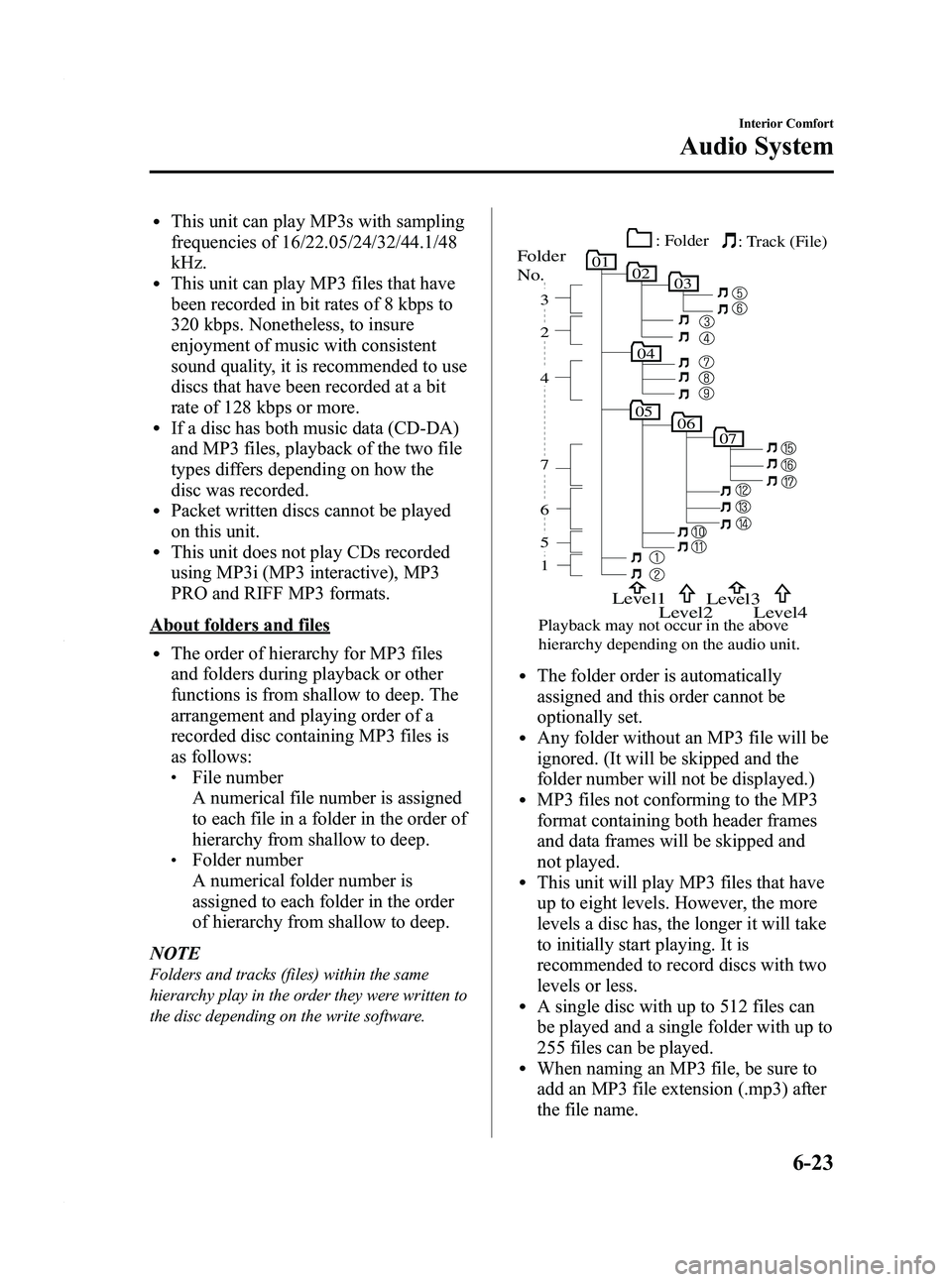 MAZDA MODEL 3 4-DOOR 2012 User Guide Black plate (265,1)
lThis unit can play MP3s with sampling
frequencies of 16/22.05/24/32/44.1/48
kHz.
lThis unit can play MP3 files that have
been recorded in bit rates of 8 kbps to
320 kbps. Nonethel MAZDA MODEL 3 4-DOOR 2012 User Guide Black plate (265,1)
lThis unit can play MP3s with sampling
frequencies of 16/22.05/24/32/44.1/48
kHz.
lThis unit can play MP3 files that have
been recorded in bit rates of 8 kbps to
320 kbps. Nonethel