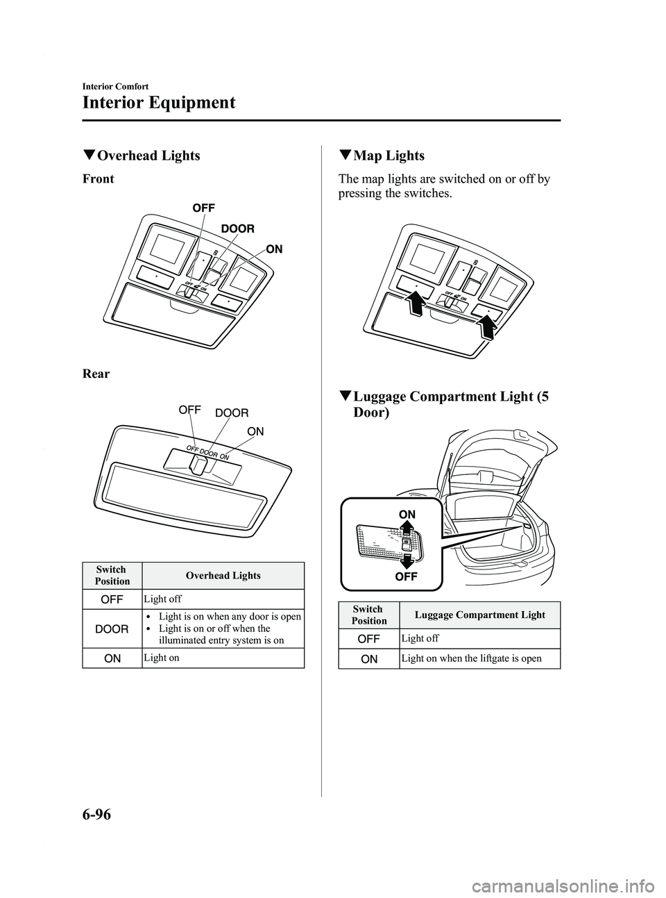 MAZDA MODEL 3 4-DOOR 2012 Owners Manual Black plate (338,1)
qOverhead Lights
Front
Rear
Switch
Position Overhead Lights
Light off
lLight is on when any door is openlLight is on or off when the
illuminated entry system is on
Light on
q
Map L MAZDA MODEL 3 4-DOOR 2012 Owners Manual Black plate (338,1)
qOverhead Lights
Front
Rear
Switch
Position Overhead Lights
Light off
lLight is on when any door is openlLight is on or off when the
illuminated entry system is on
Light on
q
Map L
