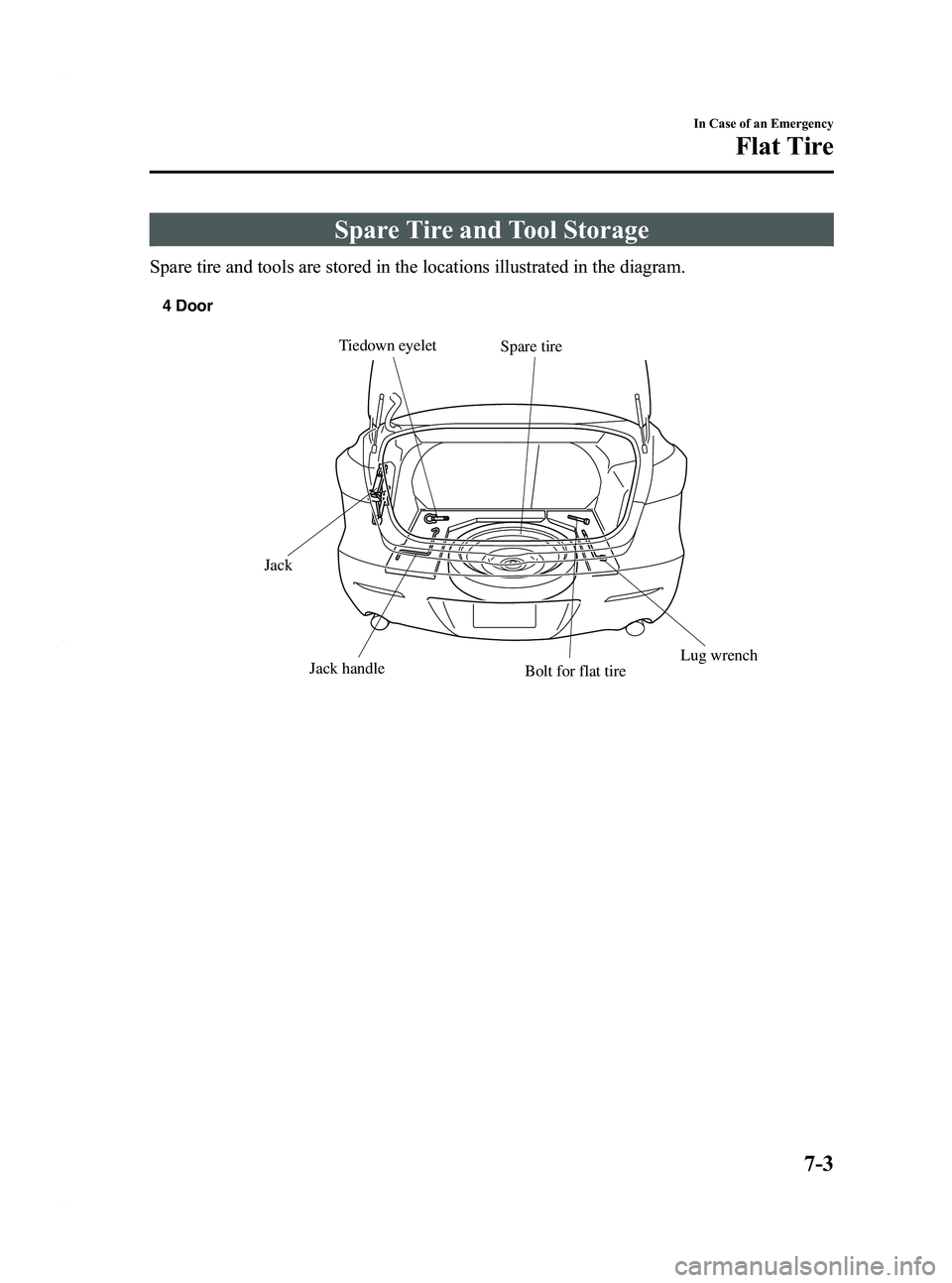 MAZDA MODEL 3 4-DOOR 2012 Owners Manual Black plate (361,1)
Spare Tire and Tool Storage
Spare tire and tools are stored in the locations illustrated in the diagram.
Spare tire
Jack Jack handleTiedown eyelet
Lug wrench
Bolt for flat tire
4 D MAZDA MODEL 3 4-DOOR 2012 Owners Manual Black plate (361,1)
Spare Tire and Tool Storage
Spare tire and tools are stored in the locations illustrated in the diagram.
Spare tire
Jack Jack handleTiedown eyelet
Lug wrench
Bolt for flat tire
4 D