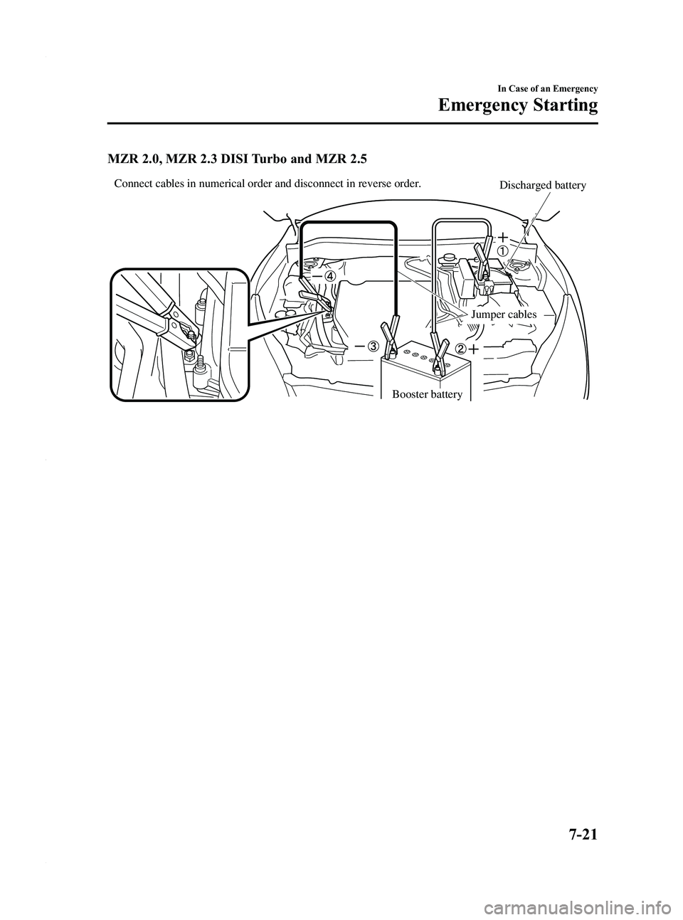 MAZDA MODEL 3 4-DOOR 2012 Owners Manual Black plate (379,1)
MZR 2.0, MZR 2.3 DISI Turbo and MZR 2.5
Connect cables in numerical order and disconnect in reverse order.
Booster battery
Discharged battery
Jumper cables
In Case of an Emergency
MAZDA MODEL 3 4-DOOR 2012 Owners Manual Black plate (379,1)
MZR 2.0, MZR 2.3 DISI Turbo and MZR 2.5
Connect cables in numerical order and disconnect in reverse order.
Booster battery
Discharged battery
Jumper cables
In Case of an Emergency