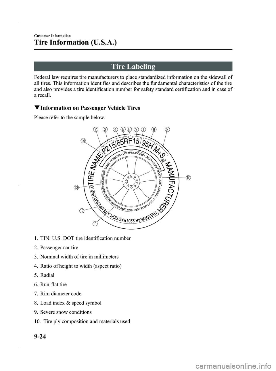MAZDA MODEL 3 4-DOOR 2012 Owners Manual Black plate (482,1)
Tire Labeling
Federal law requires tire manufacturers to place standardized information on the sidewall of
all tires. This information identifies and describes the fundamental char MAZDA MODEL 3 4-DOOR 2012 Owners Manual Black plate (482,1)
Tire Labeling
Federal law requires tire manufacturers to place standardized information on the sidewall of
all tires. This information identifies and describes the fundamental char
