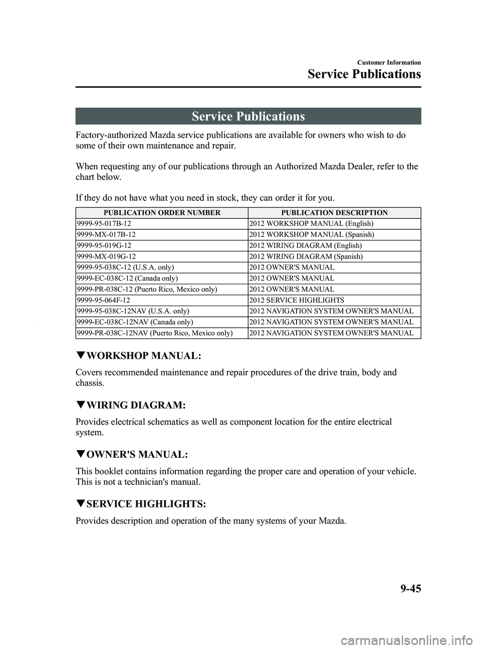 MAZDA MODEL 3 5-DOOR 2012  Owners Manual Black plate (503,1)
Service Publications
Factory-authorized Mazda service publications are available for owners who wish to do
some of their own maintenance and repair.
When requesting any of our publ