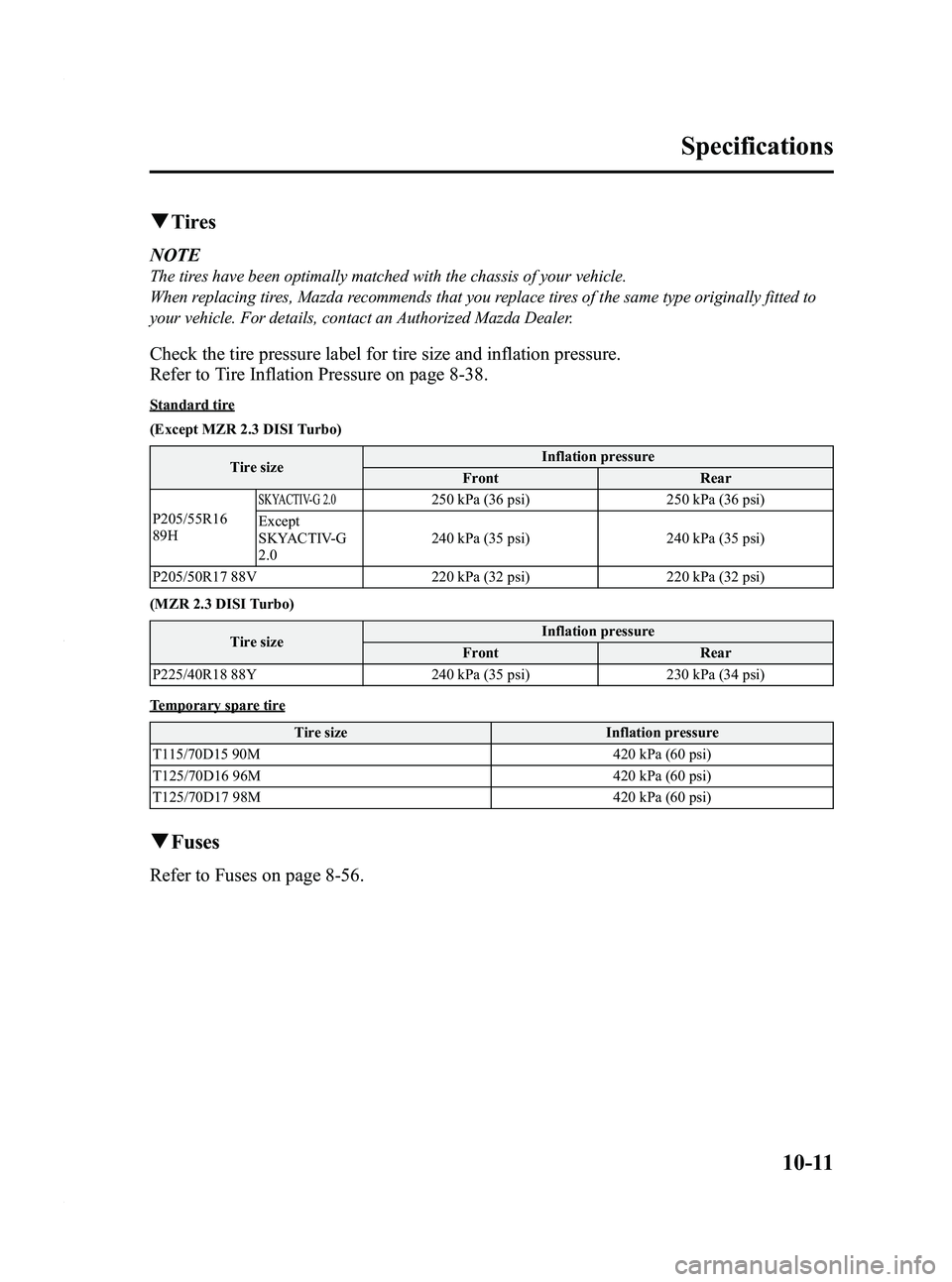MAZDA MODEL 3 5-DOOR 2012 Owners Manual Black plate (515,1)
qTires
NOTE
The tires have been optimally matched with the chassis of your vehicle.
When replacing tires, Mazda recommends that you replace tires of the same type originally fitted MAZDA MODEL 3 5-DOOR 2012 Owners Manual Black plate (515,1)
qTires
NOTE
The tires have been optimally matched with the chassis of your vehicle.
When replacing tires, Mazda recommends that you replace tires of the same type originally fitted