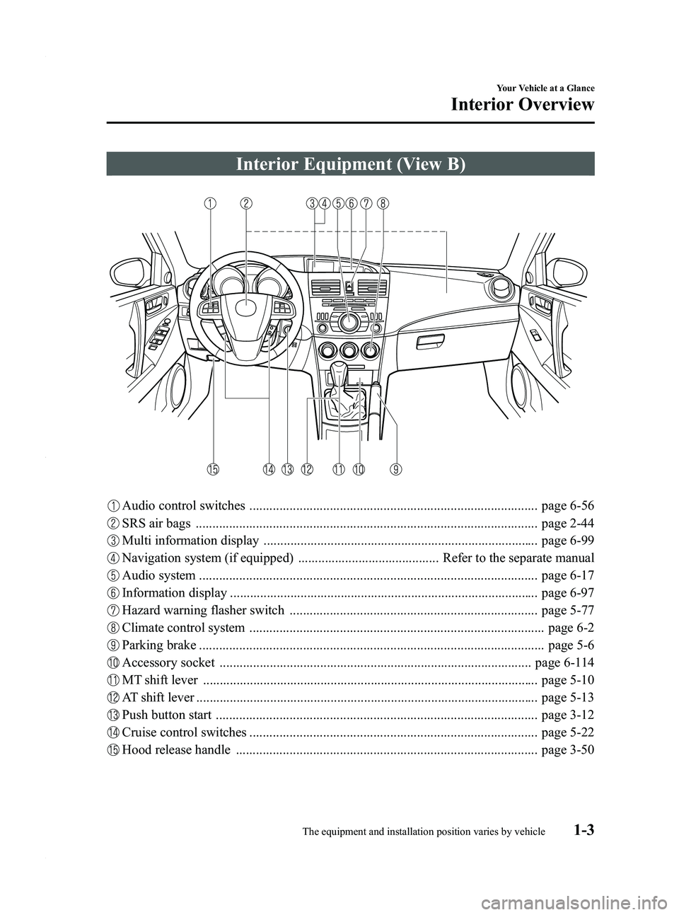 MAZDA MODEL 3 4-DOOR 2012  Owners Manual Black plate (9,1)
Interior Equipment (View B)
Audio control switches ...................................................................................... page 6-56
SRS air bags .....................