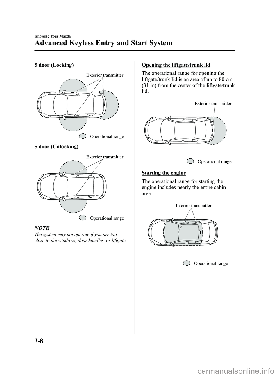MAZDA MODEL 3 4-DOOR 2012 Owners Manual Black plate (86,1)
5 door (Locking)
Operational range
Exterior transmitter
5 door (Unlocking)
Operational range
Exterior transmitter
NOTE
The system may not operate if you are too
close to the windows MAZDA MODEL 3 4-DOOR 2012 Owners Manual Black plate (86,1)
5 door (Locking)
Operational range
Exterior transmitter
5 door (Unlocking)
Operational range
Exterior transmitter
NOTE
The system may not operate if you are too
close to the windows