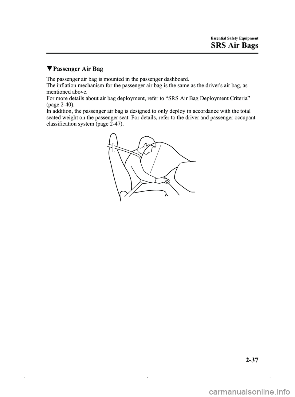 MAZDA MODEL MX-5 MIATA 2012 Service Manual Black plate (49,1)
qPassenger Air Bag
The passenger air bag is mounted in the passenger dashboard.
The inflation mechanism for the passenger air bag is the same as the drivers air bag, as
mentioned a