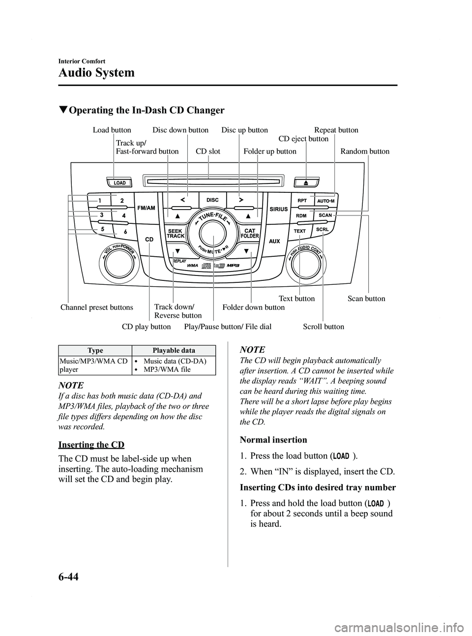 MAZDA MODEL 5 2012 Owners Manual Black plate (230,1)
qOperating the In-Dash CD Changer
Channel preset buttons Track down/
Reverse button Text button Scan button
Play/Pause button/ File dial
Track up/
Fast-forward bu MAZDA MODEL 5 2012 Owners Manual Black plate (230,1)
qOperating the In-Dash CD Changer
Channel preset buttons Track down/
Reverse button Text button Scan button
Play/Pause button/ File dial
Track up/
Fast-forward bu
