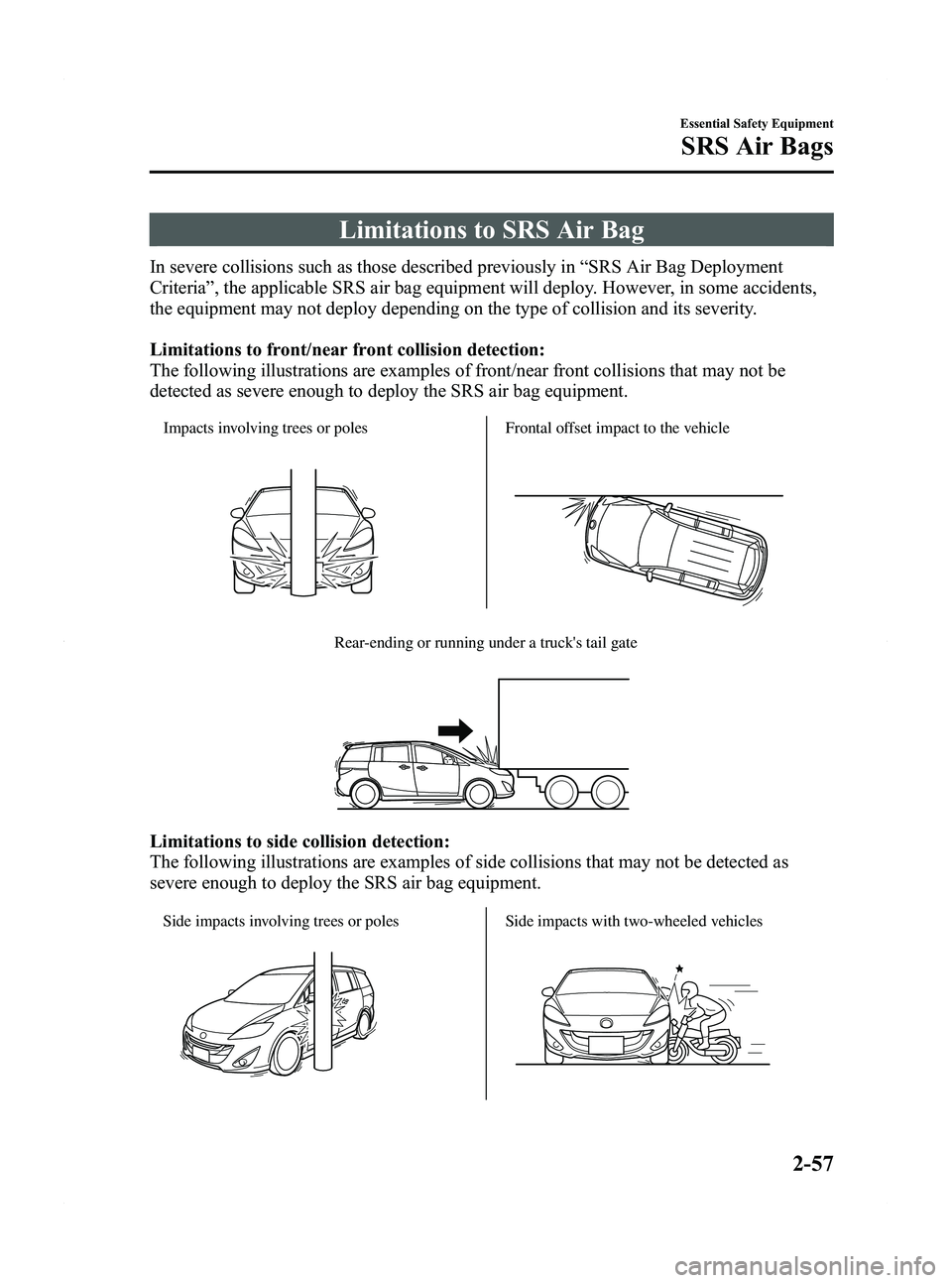 MAZDA MODEL 5 2012 Repair Manual Black plate (69,1)
Limitations to SRS Air Bag
In severe collisions such as those described previously in“SRS Air Bag Deployment
Criteria ”, the applicable SRS air bag equipment will deploy. Howeve MAZDA MODEL 5 2012 Repair Manual Black plate (69,1)
Limitations to SRS Air Bag
In severe collisions such as those described previously in“SRS Air Bag Deployment
Criteria ”, the applicable SRS air bag equipment will deploy. Howeve