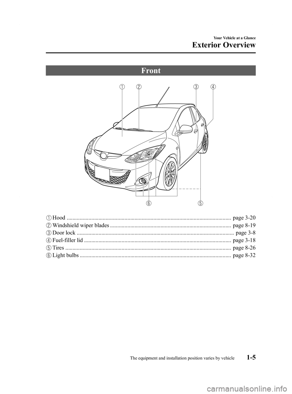 MAZDA MODEL 2 2011 User Guide Black plate (11,1)
Front
Hood .................................................................................................................. page 3-20
Windshield wiper blades .....................