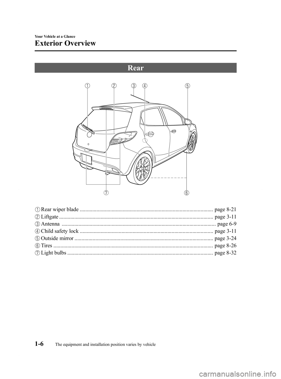 MAZDA MODEL 2 2011  Owners Manual Black plate (12,1)
Rear
Rear wiper blade ................................................................................................ page 8-21
Liftgate ...........................................