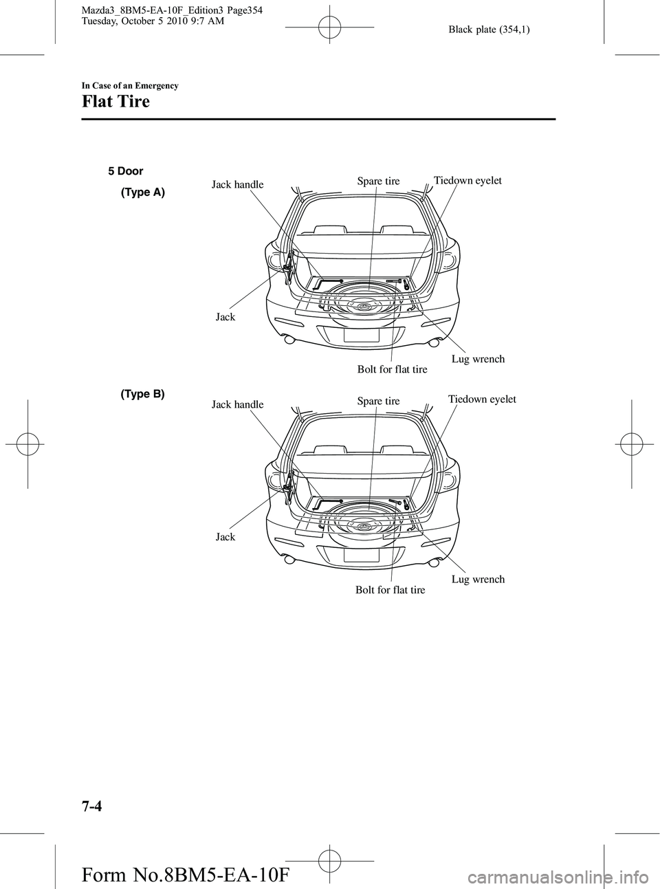 MAZDA MODEL 3 5-DOOR 2011 Owners Manual Black plate (354,1)
Spare tire
Jack
Jack handle
Lug wrenchTiedown eyelet
Spare tire
Jack
Jack handle
Lug wrenchTiedown eyelet
Bolt for flat tire Bolt for flat tire
5 Door
(Type A)
(Type B)
7-4
In Case MAZDA MODEL 3 5-DOOR 2011 Owners Manual Black plate (354,1)
Spare tire
Jack
Jack handle
Lug wrenchTiedown eyelet
Spare tire
Jack
Jack handle
Lug wrenchTiedown eyelet
Bolt for flat tire Bolt for flat tire
5 Door
(Type A)
(Type B)
7-4
In Case