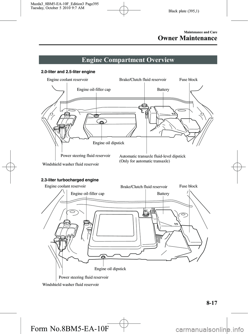 MAZDA MODEL 3 4-DOOR 2011 Owners Manual Black plate (395,1)
Engine Compartment Overview
Power steering fluid reservoir
Power steering fluid reservoir
Windshield washer fluid reservoir
Windshield washer fluid reservoir
Engine coolant reservo MAZDA MODEL 3 4-DOOR 2011 Owners Manual Black plate (395,1)
Engine Compartment Overview
Power steering fluid reservoir
Power steering fluid reservoir
Windshield washer fluid reservoir
Windshield washer fluid reservoir
Engine coolant reservo