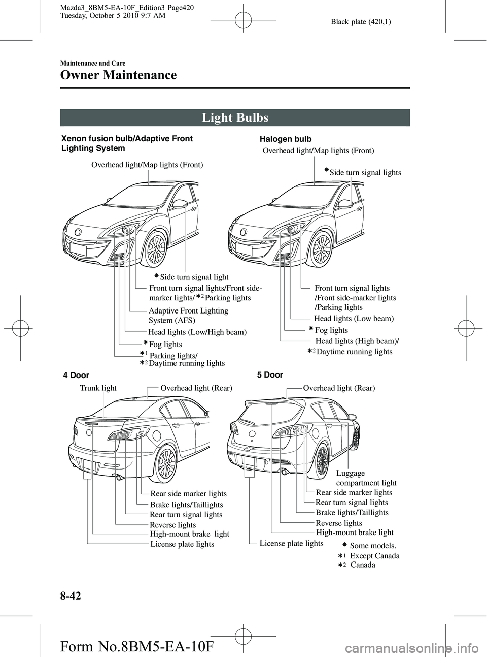 MAZDA MODEL 3 5-DOOR 2011  Owners Manual Black plate (420,1)
Light Bulbs
Overhead light/Map lights (Front)Overhead light (Rear) Overhead light (Rear)
Front turn signal lights/Front side-
marker lights/     Parking lights
Xenon fusion bulb/Ad