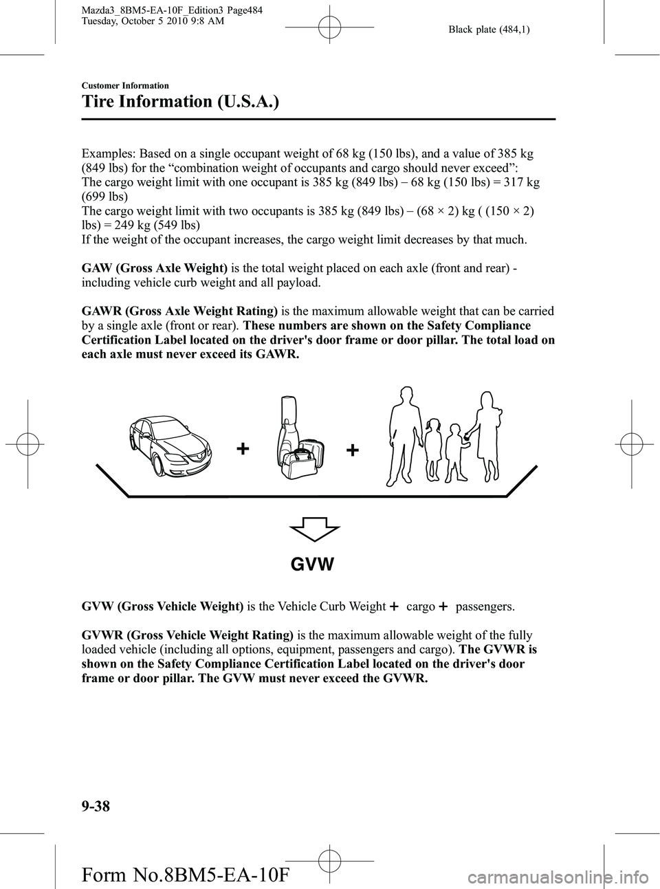 MAZDA MODEL 3 5-DOOR 2011 Owners Manual Black plate (484,1)
Examples: Based on a single occupant weight of 68 kg (150 lbs), and a value of 385 kg
(849 lbs) for the“combination weight of occupants and cargo should never exceed ”:
The car MAZDA MODEL 3 5-DOOR 2011 Owners Manual Black plate (484,1)
Examples: Based on a single occupant weight of 68 kg (150 lbs), and a value of 385 kg
(849 lbs) for the“combination weight of occupants and cargo should never exceed ”:
The car
