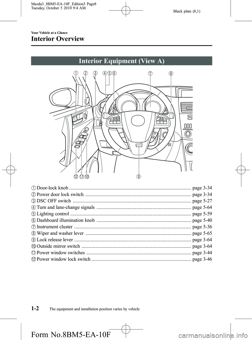 MAZDA MODEL 3 4-DOOR 2011 Owners Manual Black plate (8,1)
Interior Equipment (View A)
Door-lock knob .................................................................................................. page 3-34
Power door lock switch ....... MAZDA MODEL 3 4-DOOR 2011 Owners Manual Black plate (8,1)
Interior Equipment (View A)
Door-lock knob .................................................................................................. page 3-34
Power door lock switch .......