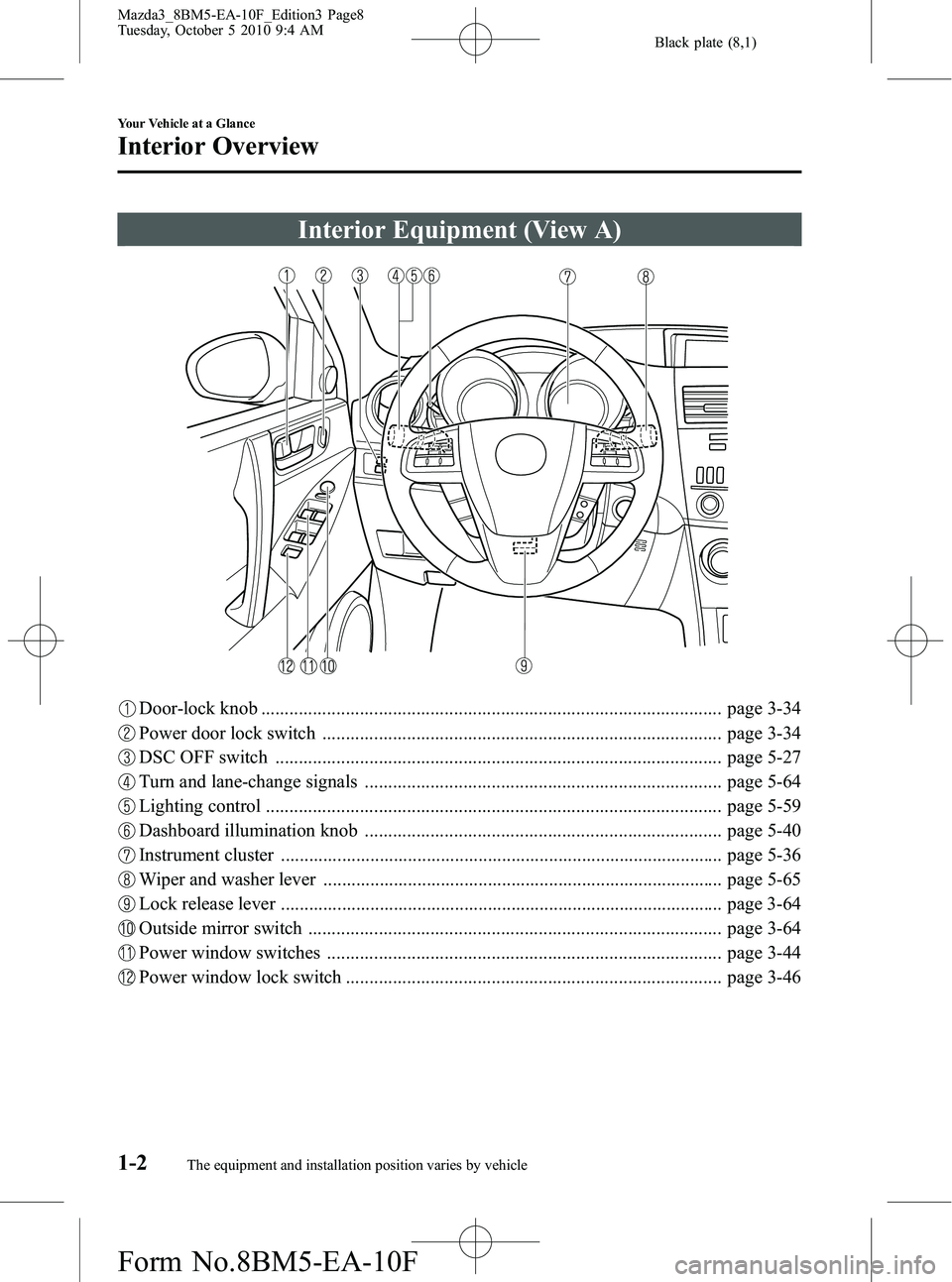 MAZDA MODEL 3 4-DOOR 2011  Owners Manual Black plate (8,1)
Interior Equipment (View A)
Door-lock knob .................................................................................................. page 3-34
Power door lock switch .......