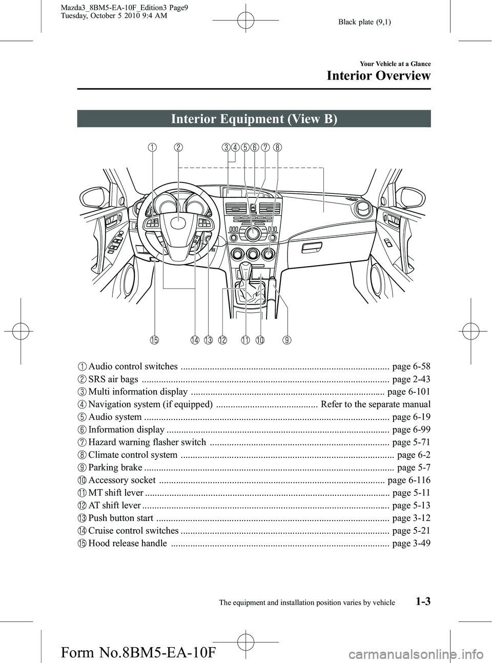 MAZDA MODEL 3 4-DOOR 2011  Owners Manual Black plate (9,1)
Interior Equipment (View B)
Audio control switches ...................................................................................... page 6-58
SRS air bags .....................