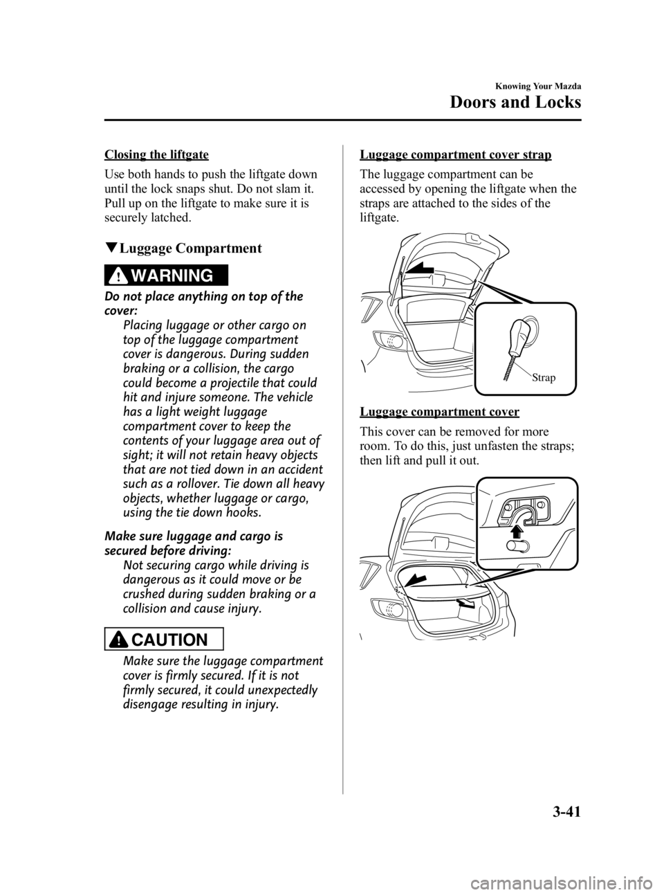 MAZDA MODEL 3 4-DOOR 2010 Owners Guide Black plate (117,1)
Closing the liftgate
Use both hands to push the liftgate down
until the lock snaps shut. Do not slam it.
Pull up on the liftgate to make sure it is
securely latched.
qLuggage Compa