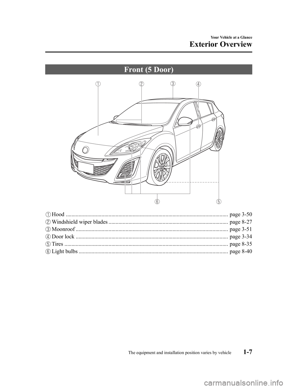 MAZDA MODEL 3 5-DOOR 2010  Owners Manual Black plate (13,1)
Front (5 Door)
Hood .................................................................................................................. page 3-50
Windshield wiper blades ............