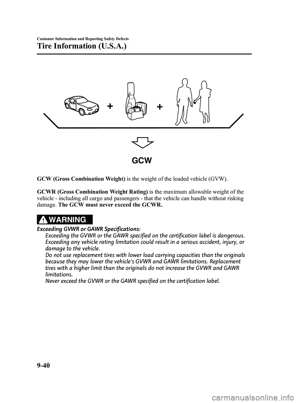 MAZDA MODEL MX-5 MIATA 2010  Owners Manual Black plate (426,1)
GCW
GCW (Gross Combination Weight)is the weight of the loaded vehicle (GVW).
GCWR (Gross Combination Weight Rating) is the maximum allowable weight of the
vehicle - including all c