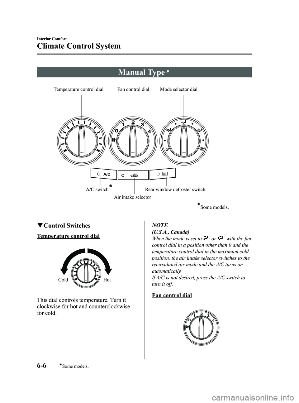 MAZDA MODEL 5 2010  Owners Manual Black plate (174,1)
Manual Typeí
Temperature control dial Fan control dial Mode selector dialA/C switchAir intake selector
Some models.
Rear window defroster switch
qControl Switches
Temperature cont