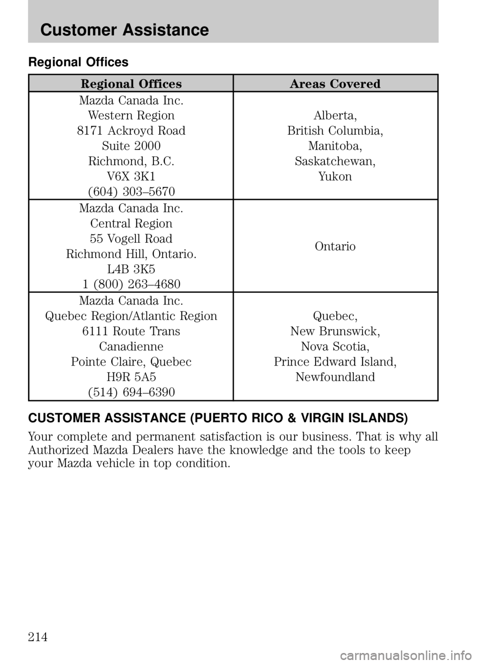 MAZDA MODEL B4000 CAB PLUS 4 TRUCK 2009  Owners Manual Regional Offices
Regional OfficesAreas Covered
Mazda Canada Inc. Western Region
8171 Ackroyd Road Suite 2000
Richmond, B.C. V6X 3K1
(604) 303–5670 Alberta,
British Columbia, Manitoba,
Saskatchewan, 