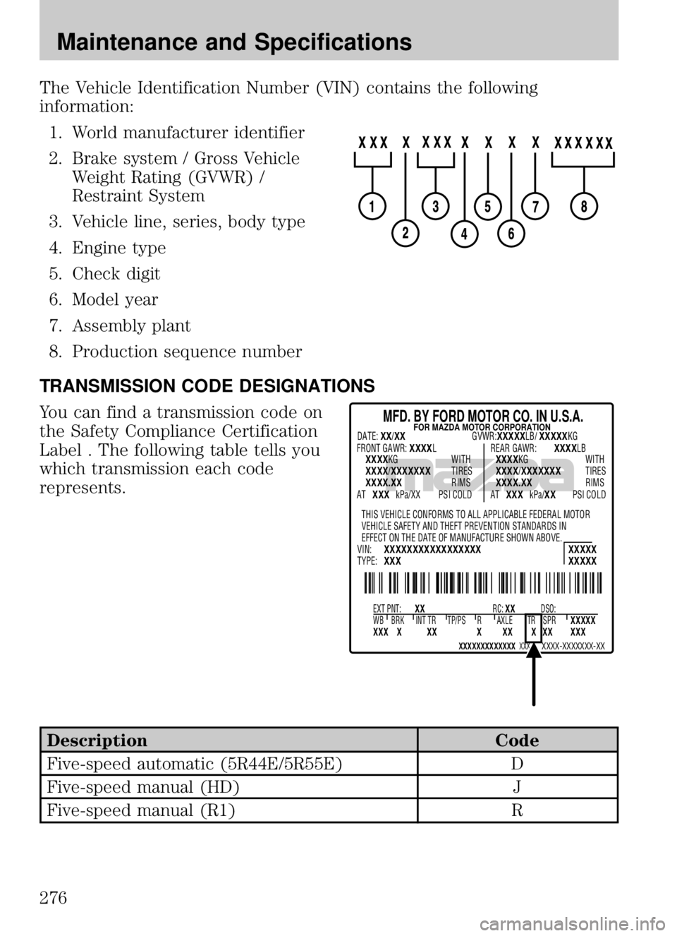 MAZDA MODEL B4000 CAB PLUS 4 TRUCK 2009  Owners Manual The Vehicle Identification Number (VIN) contains the following
information:1. World manufacturer identifier
2. Brake system / Gross Vehicle Weight Rating (GVWR) /
Restraint System
3. Vehicle line, ser MAZDA MODEL B4000 CAB PLUS 4 TRUCK 2009  Owners Manual The Vehicle Identification Number (VIN) contains the following
information:1. World manufacturer identifier
2. Brake system / Gross Vehicle Weight Rating (GVWR) /
Restraint System
3. Vehicle line, ser
