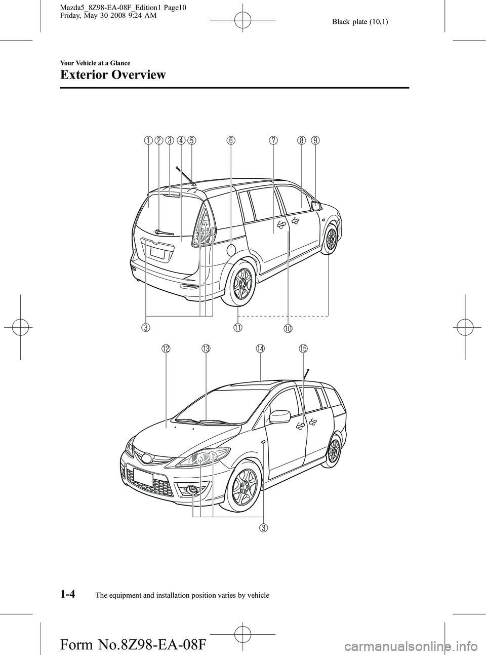 MAZDA MODEL 5 2009 Owners Manual Black plate (10,1)
1-4
Your Vehicle at a Glance
The equipment and installation position varies by vehicle
Exterior Overview
Mazda5_8Z98-EA-08F_Edition1 Page10
Friday, May 30 2008 9:24 AM
Form No.8Z98- MAZDA MODEL 5 2009 Owners Manual Black plate (10,1)
1-4
Your Vehicle at a Glance
The equipment and installation position varies by vehicle
Exterior Overview
Mazda5_8Z98-EA-08F_Edition1 Page10
Friday, May 30 2008 9:24 AM
Form No.8Z98-