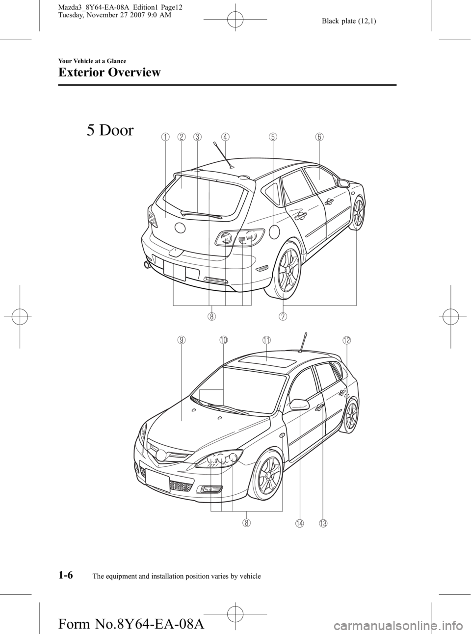 MAZDA MODEL 3 4-DOOR 2008 User Guide Black plate (12,1)
5 Door
1-6
Your Vehicle at a Glance
The equipment and installation position varies by vehicle
Exterior Overview
Mazda3_8Y64-EA-08A_Edition1 Page12
Tuesday, November 27 2007 9:0 AM
F MAZDA MODEL 3 4-DOOR 2008 User Guide Black plate (12,1)
5 Door
1-6
Your Vehicle at a Glance
The equipment and installation position varies by vehicle
Exterior Overview
Mazda3_8Y64-EA-08A_Edition1 Page12
Tuesday, November 27 2007 9:0 AM
F