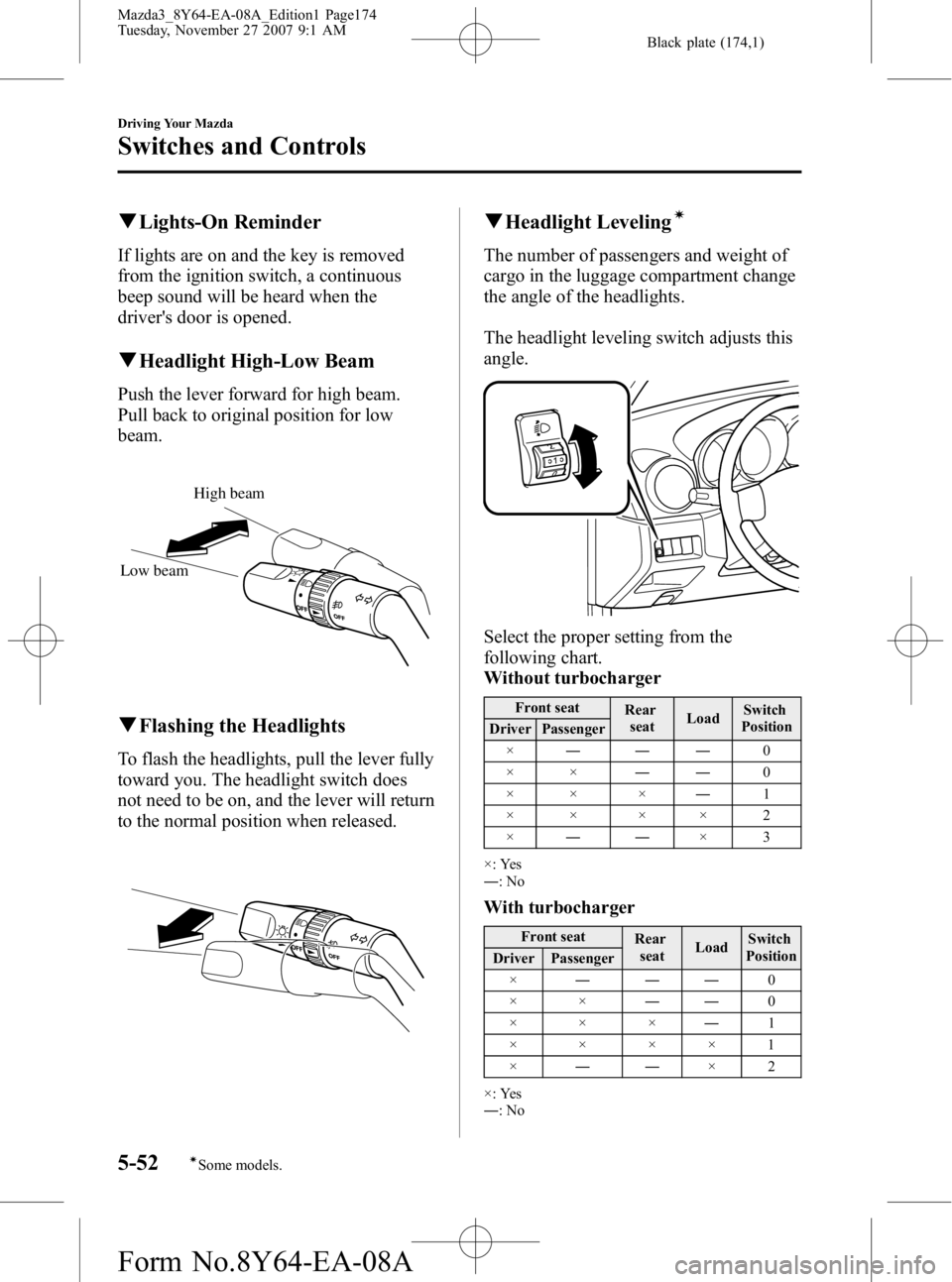 MAZDA MODEL 3 4-DOOR 2008 Owners Manual Black plate (174,1)
qLights-On Reminder
If lights are on and the key is removed
from the ignition switch, a continuous
beep sound will be heard when the
drivers door is opened.
qHeadlight High-Low Be MAZDA MODEL 3 4-DOOR 2008 Owners Manual Black plate (174,1)
qLights-On Reminder
If lights are on and the key is removed
from the ignition switch, a continuous
beep sound will be heard when the
drivers door is opened.
qHeadlight High-Low Be