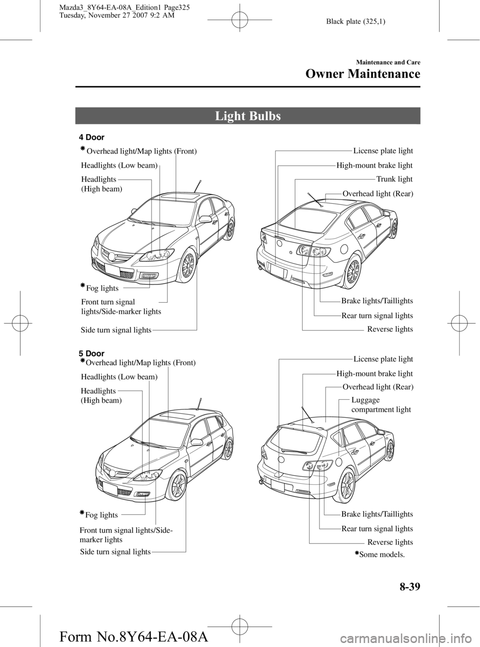 MAZDA MODEL 3 4-DOOR 2008  Owners Manual Black plate (325,1)
Light Bulbs
Side turn signal lightsRear turn signal lightsLicense plate light
Overhead light/Map lights (Front)
Headlights (Low beam)
Fog lights Brake lights/Taillights
Reverse lig