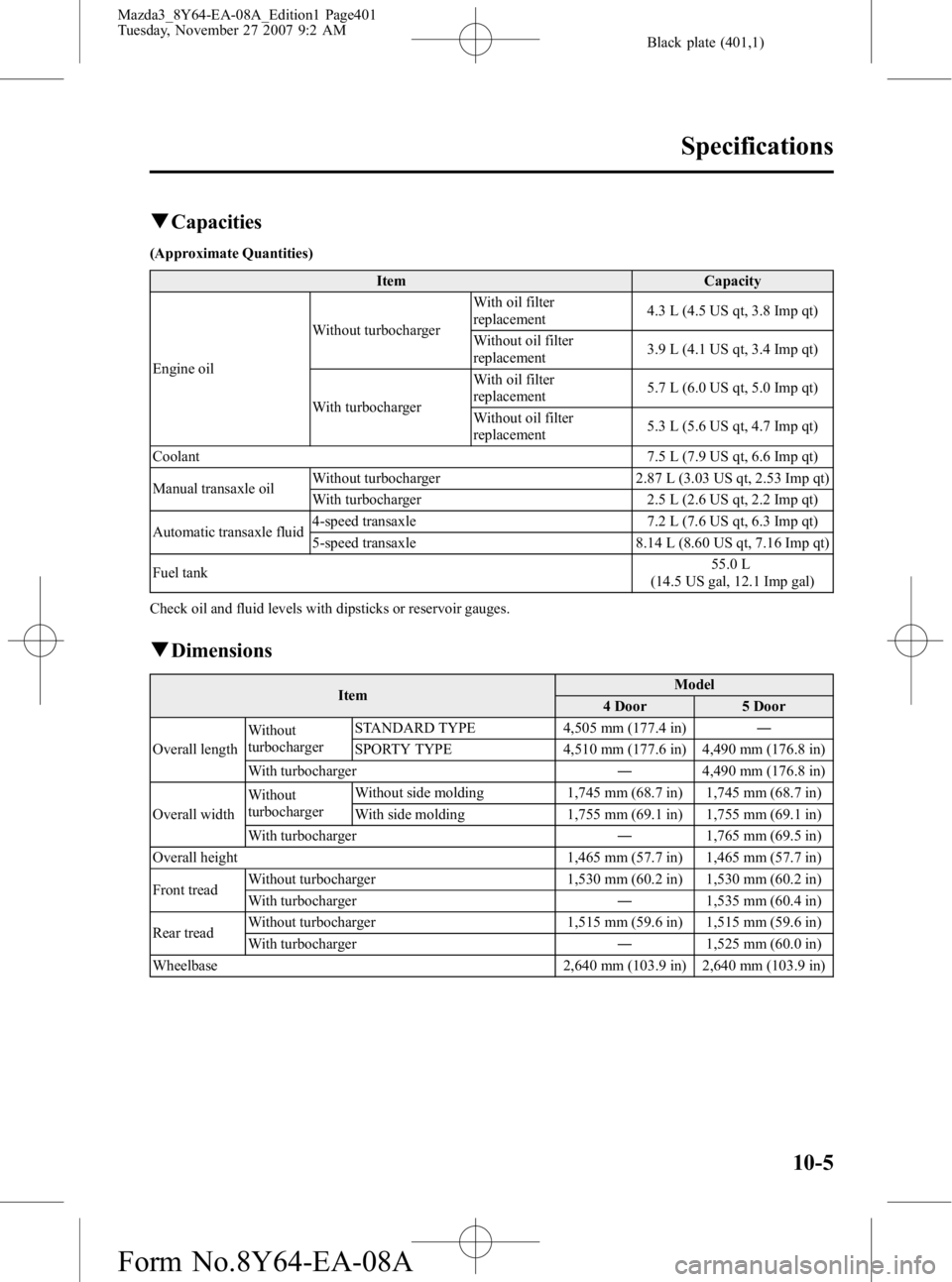 MAZDA MODEL 3 4-DOOR 2008  Owners Manual Black plate (401,1)
qCapacities
(Approximate Quantities)
Item Capacity
Engine oil Without turbocharger
With oil filter
replacement
4.3 L (4.5 US qt, 3.8 Imp qt)
Without oil filter
replacement 3.9 L (4