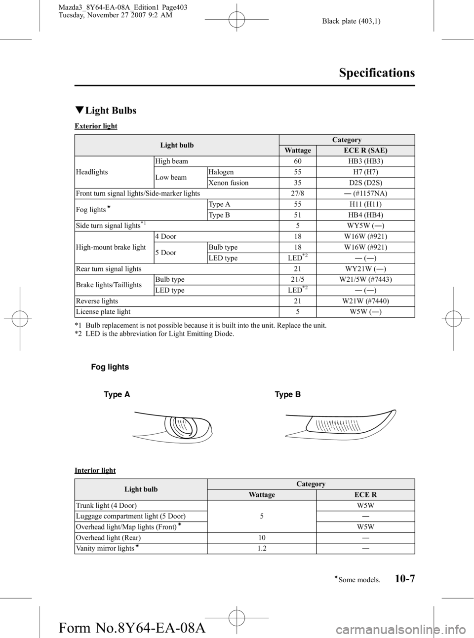 MAZDA MODEL 3 4-DOOR 2008 Owners Manual Black plate (403,1)
qLight Bulbs
Exterior light
Light bulb Category
Wattage ECE R (SAE)
Headlights High beam 60 HB3 (HB3)
Low beam
Halogen 55 H7 (H7)
Xenon fusion 35 D2S (D2S)
Front turn signal lights MAZDA MODEL 3 4-DOOR 2008 Owners Manual Black plate (403,1)
qLight Bulbs
Exterior light
Light bulb Category
Wattage ECE R (SAE)
Headlights High beam 60 HB3 (HB3)
Low beam
Halogen 55 H7 (H7)
Xenon fusion 35 D2S (D2S)
Front turn signal lights