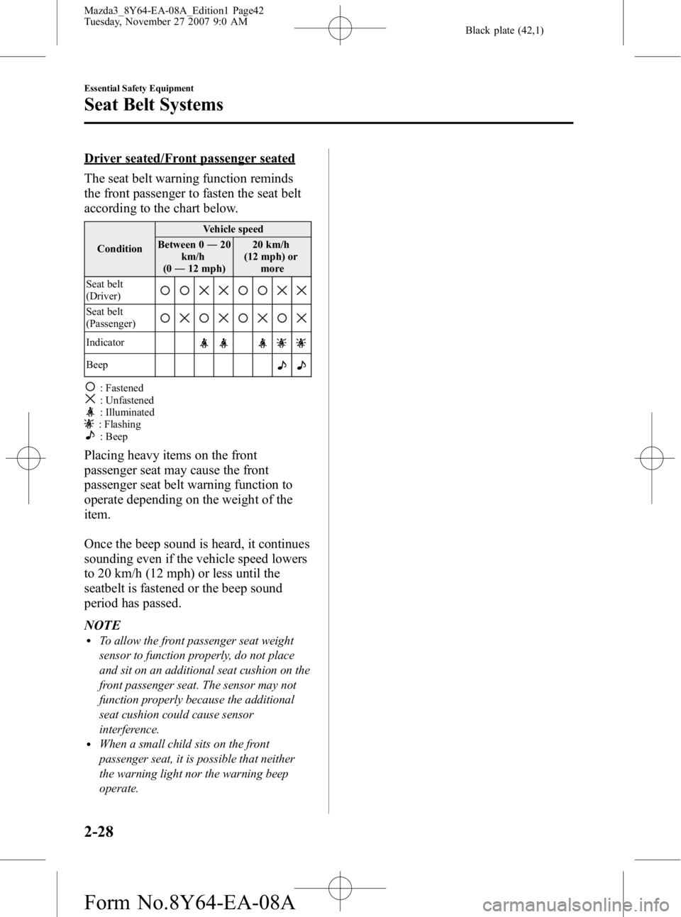 MAZDA MODEL 3 5-DOOR 2008 Owners Manual Black plate (42,1)
Driver seated/Front passenger seated
The seat belt warning function reminds
the front passenger to fasten the seat belt
according to the chart below.
ConditionVehicle speed
Between MAZDA MODEL 3 5-DOOR 2008 Owners Manual Black plate (42,1)
Driver seated/Front passenger seated
The seat belt warning function reminds
the front passenger to fasten the seat belt
according to the chart below.
ConditionVehicle speed
Between