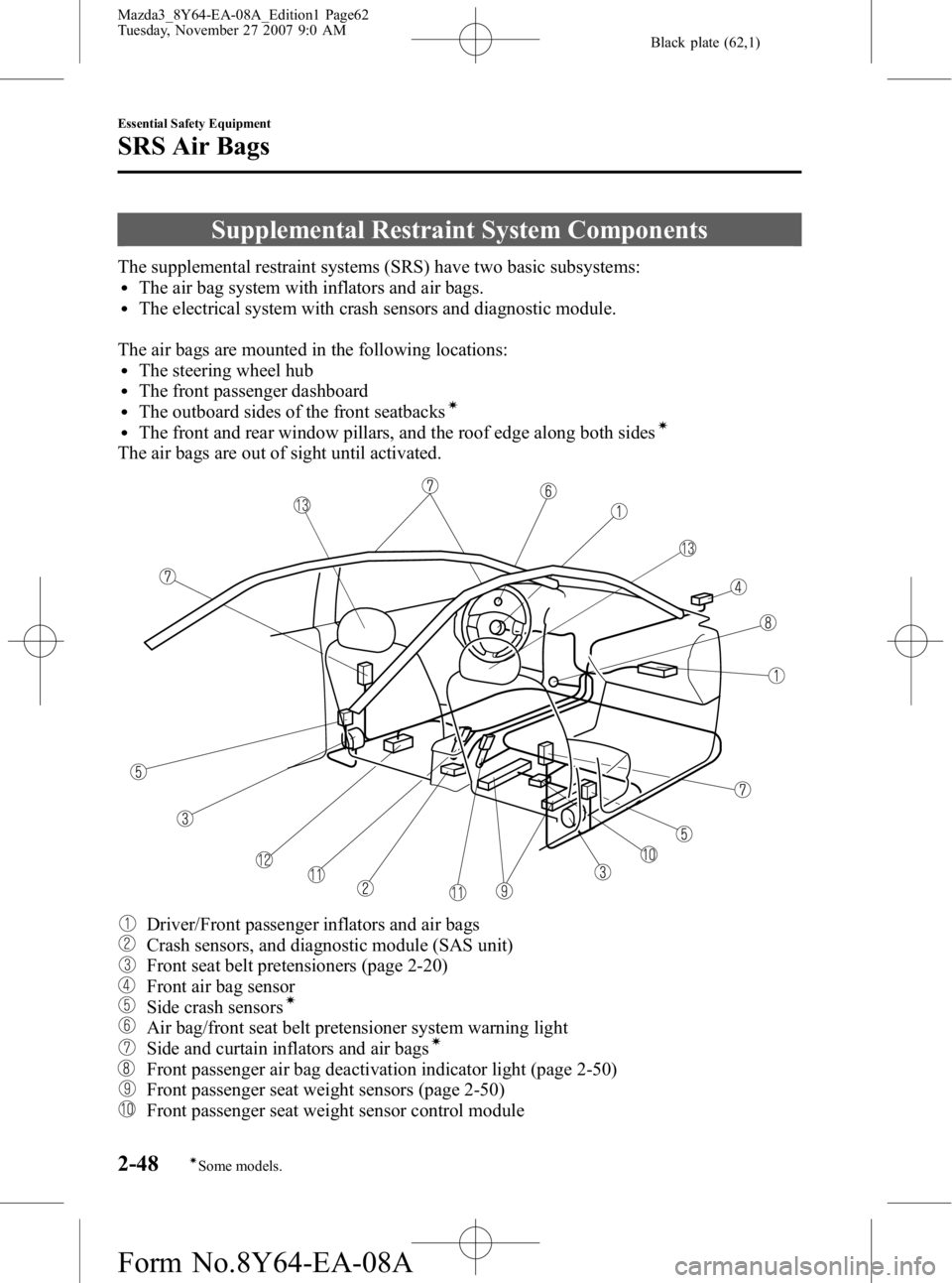 MAZDA MODEL 3 5-DOOR 2008 Owners Manual Black plate (62,1)
Supplemental Restraint System Components
The supplemental restraint systems (SRS) have two basic subsystems:lThe air bag system with inflators and air bags.lThe electrical system wi MAZDA MODEL 3 5-DOOR 2008 Owners Manual Black plate (62,1)
Supplemental Restraint System Components
The supplemental restraint systems (SRS) have two basic subsystems:lThe air bag system with inflators and air bags.lThe electrical system wi