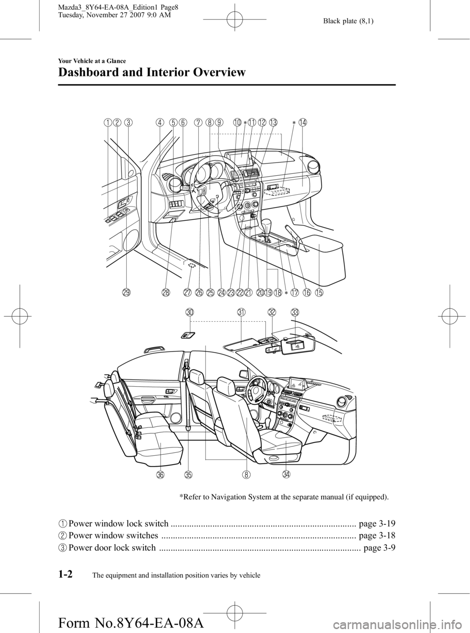 MAZDA MODEL 3 5-DOOR 2008 Owners Manual Black plate (8,1)
*Refer to Navigation System at the separate manual (if equipped).
Power window lock switch ................................................................................ page 3-19
MAZDA MODEL 3 5-DOOR 2008 Owners Manual Black plate (8,1)
*Refer to Navigation System at the separate manual (if equipped).
Power window lock switch ................................................................................ page 3-19