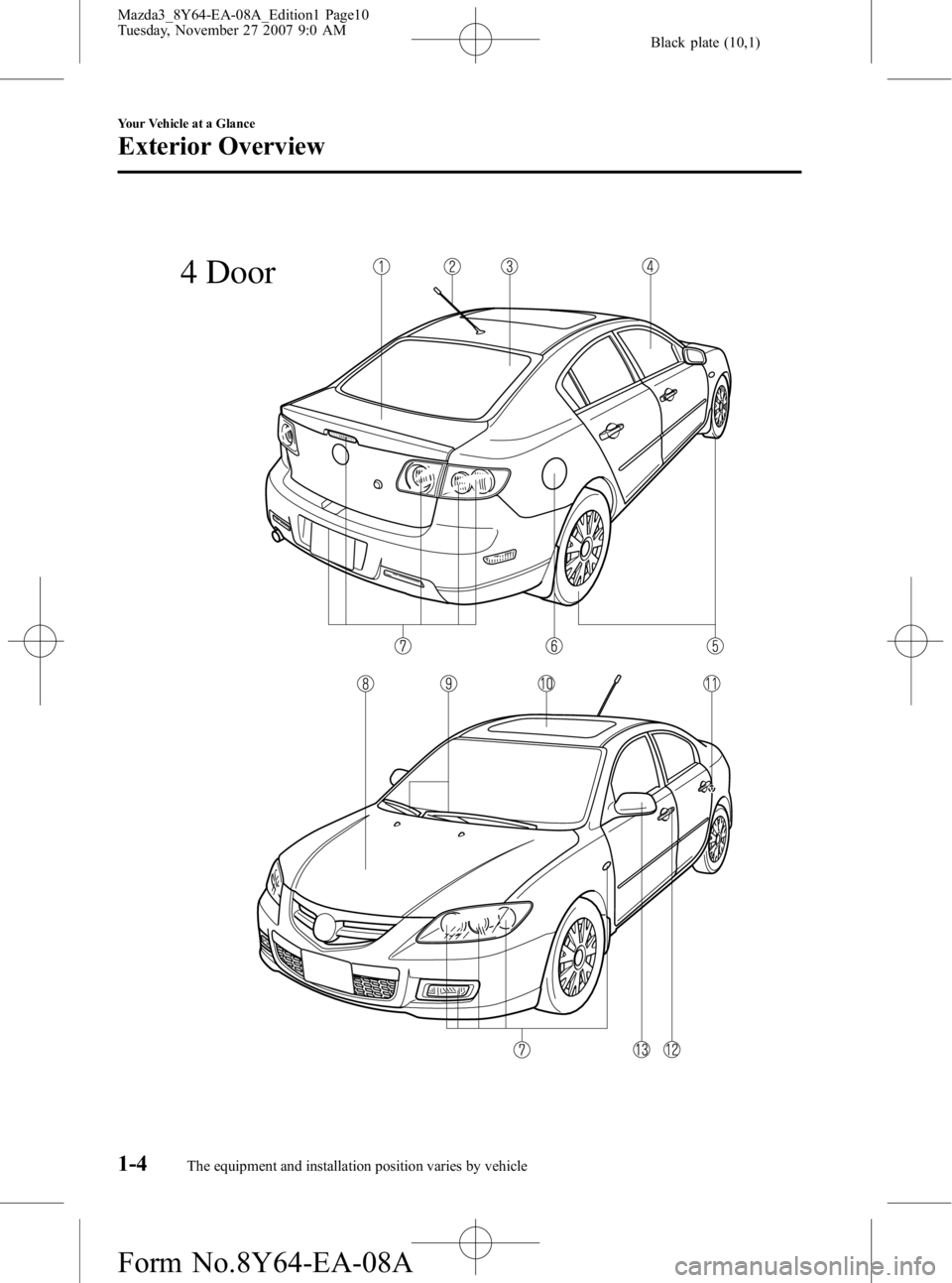 MAZDA MODEL 3 5-DOOR 2008 Owners Manual Black plate (10,1)
4 Door
1-4
Your Vehicle at a Glance
The equipment and installation position varies by vehicle
Exterior Overview
Mazda3_8Y64-EA-08A_Edition1 Page10
Tuesday, November 27 2007 9:0 AM
F MAZDA MODEL 3 5-DOOR 2008 Owners Manual Black plate (10,1)
4 Door
1-4
Your Vehicle at a Glance
The equipment and installation position varies by vehicle
Exterior Overview
Mazda3_8Y64-EA-08A_Edition1 Page10
Tuesday, November 27 2007 9:0 AM
F