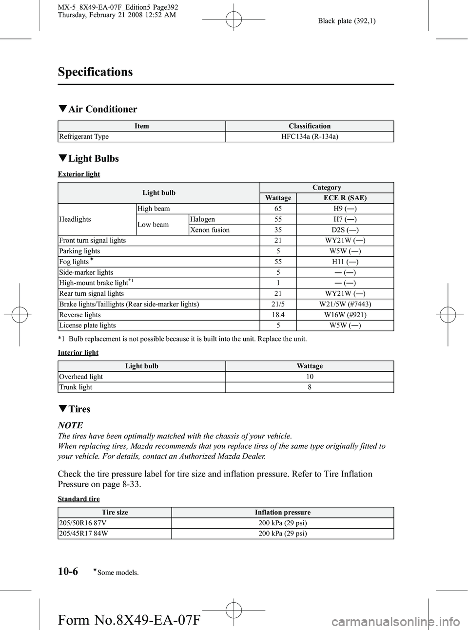MAZDA MODEL MX-5 MIATA 2008  Owners Manual Black plate (392,1)
qAir Conditioner
Item Classification
Refrigerant Type HFC134a (R-134a)
qLight Bulbs
Exterior light
Light bulb Category
Wattage ECE R (SAE)
Headlights High beam 65 H9 (
―)
Low bea